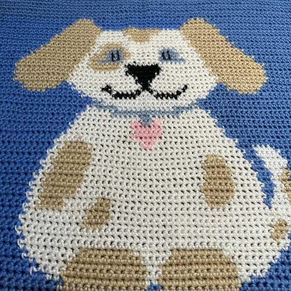 Handmade Crochet Knitted Puppy Dog Baby Blanket Blue 34x36 Nursery Decor